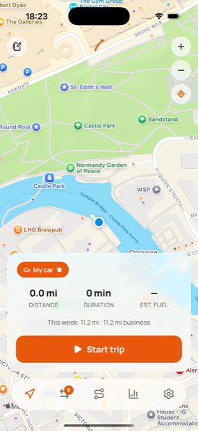 Milometry recording a drive, with live distance, duration and fuel cost