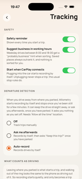 The Tracking settings in Milometry, with departure detection set to Auto-record