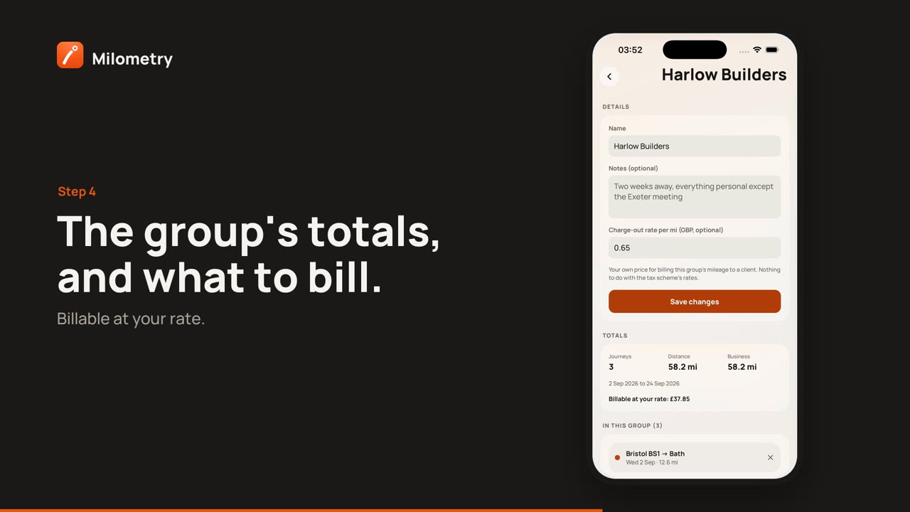 Trip groups, and charging a client for the miles